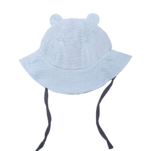 Wooly organic muslino vasarinė kepurė su ausytėmis BABY BLUE/IRON
