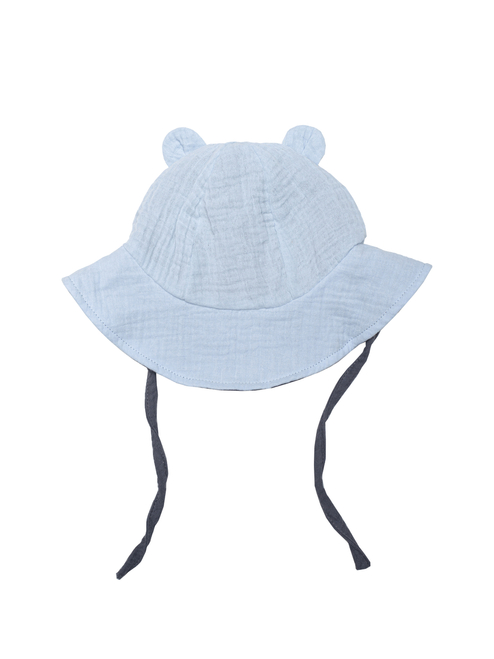 Wooly organic muslino vasarinė kepurė su ausytėmis BABY BLUE/IRON