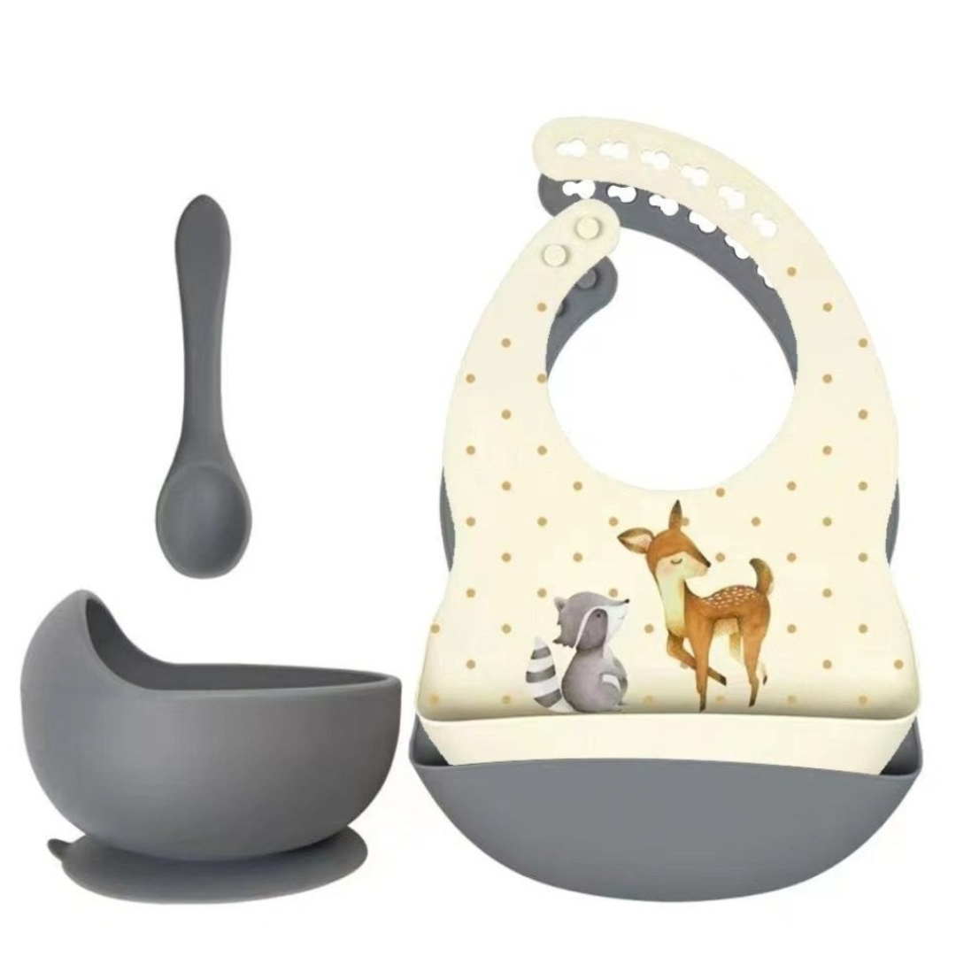 Silikoninių seilinukų rinkinys + dubuo su siurbtuku ir šaukštu - Deer & Raccoon Gray Blue